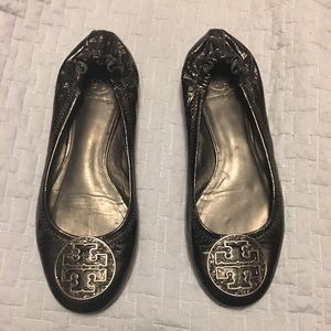 Tory Burch black patent Reba flats